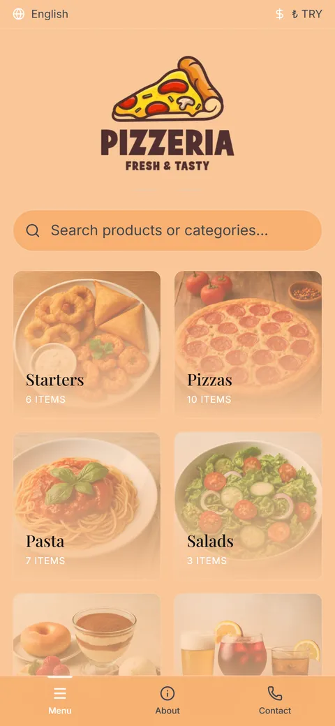 Pizzeria digital menu