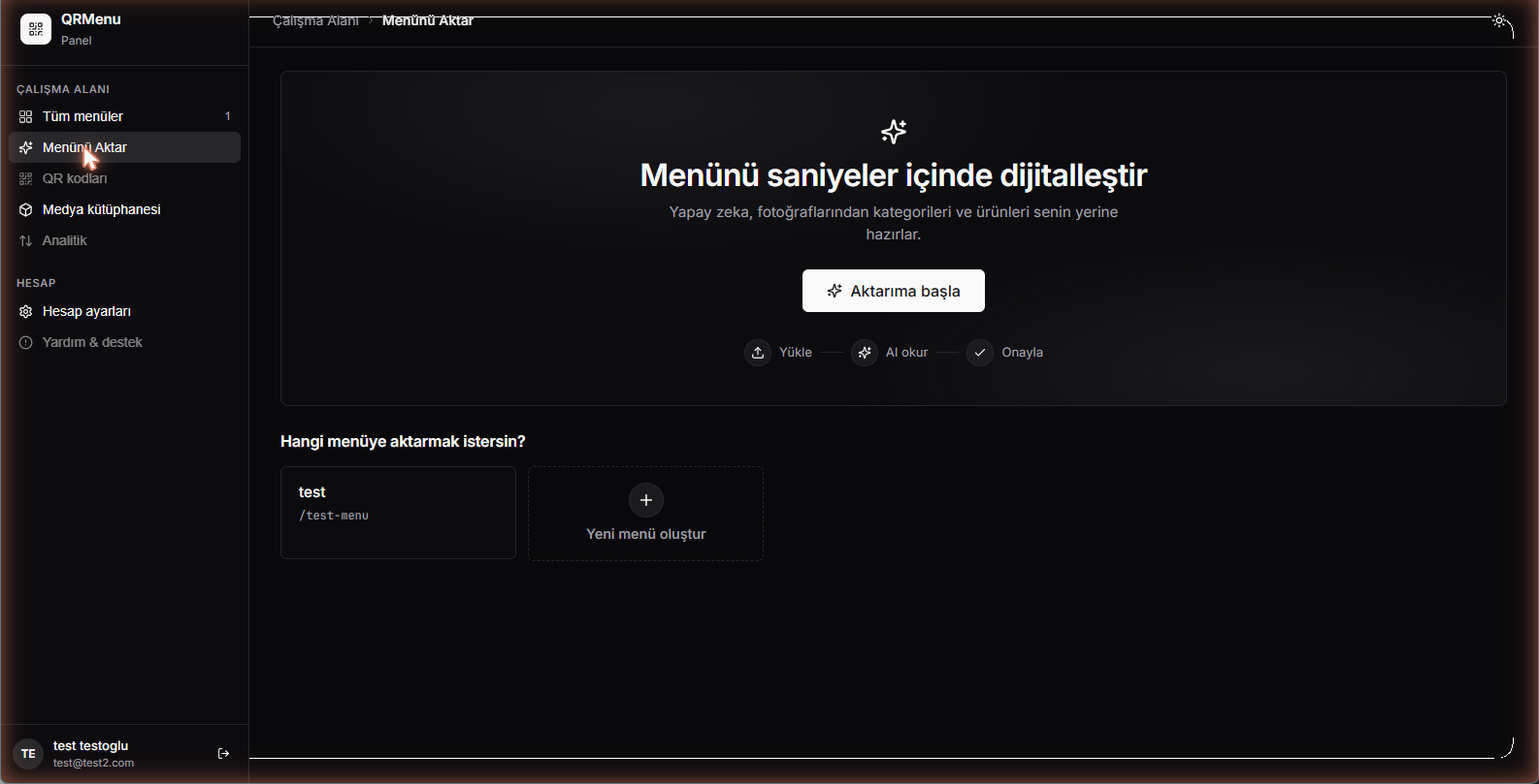 Menünü Aktar ekranı — AI ile dijitalleştirme akışı
